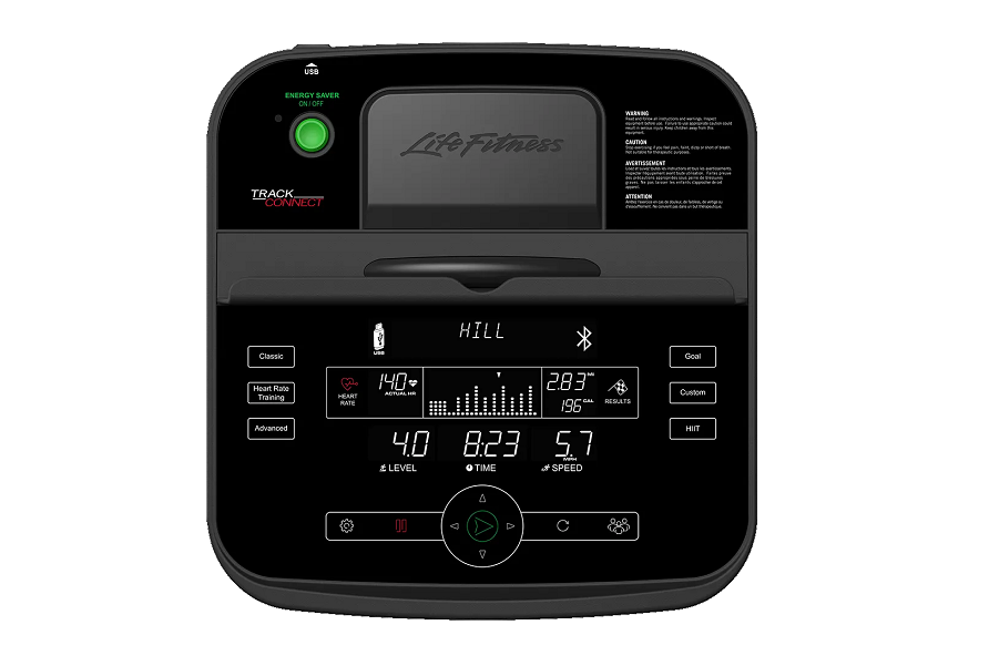 Life Fitness RS3 recumbent exercise bike with digital display showing hill workout metrics, black frame and console on white 