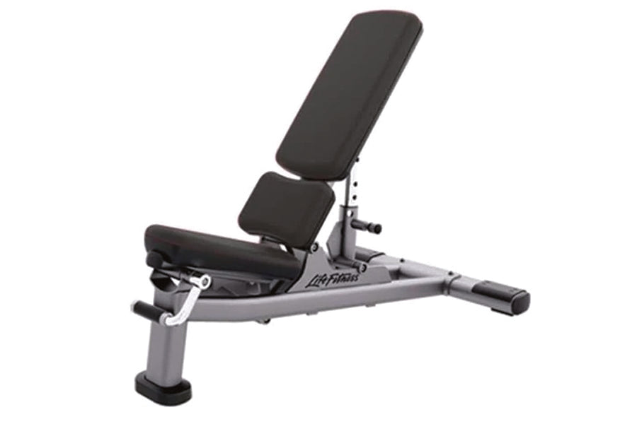 Life Fitness Signature Series adjustable weight bench with black padded seat and backrest, gray steel frame, and leg extensio