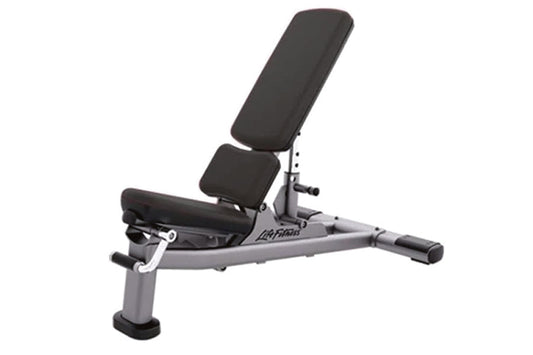 Life Fitness Signature Series adjustable weight bench with black padded seat and backrest, gray steel frame, and leg extensio