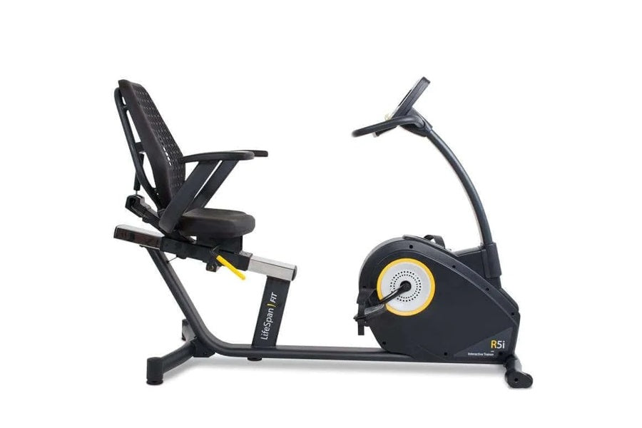 Black LifeSpan R5i recumbent exercise bike with yellow accent, padded seat, adjustable backrest, and console display on white