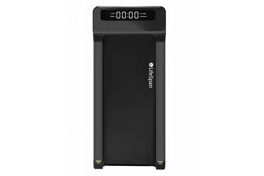 Black LifeSpan under-desk treadmill with digital display showing 00:00, compact rectangular design on white background