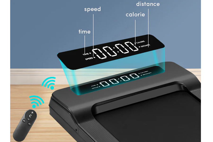 Smart under-desk treadmill with LED display showing time, speed, distance, and calories, featuring wireless remote control an