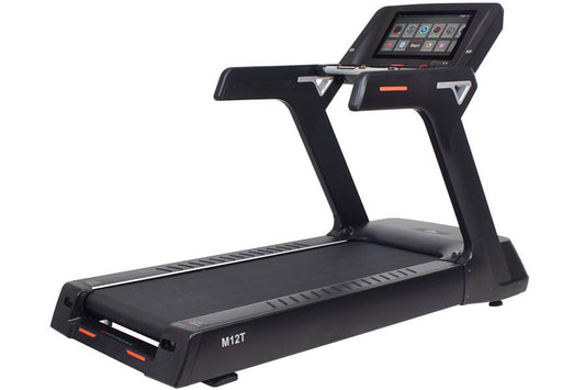 Black commercial treadmill with touch screen console, orange accent trim, and cushioned running deck on white background