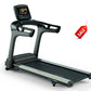 Matrix T75 treadmill with black running belt, gray frame, digital display console, and integrated handrails, shown on white b