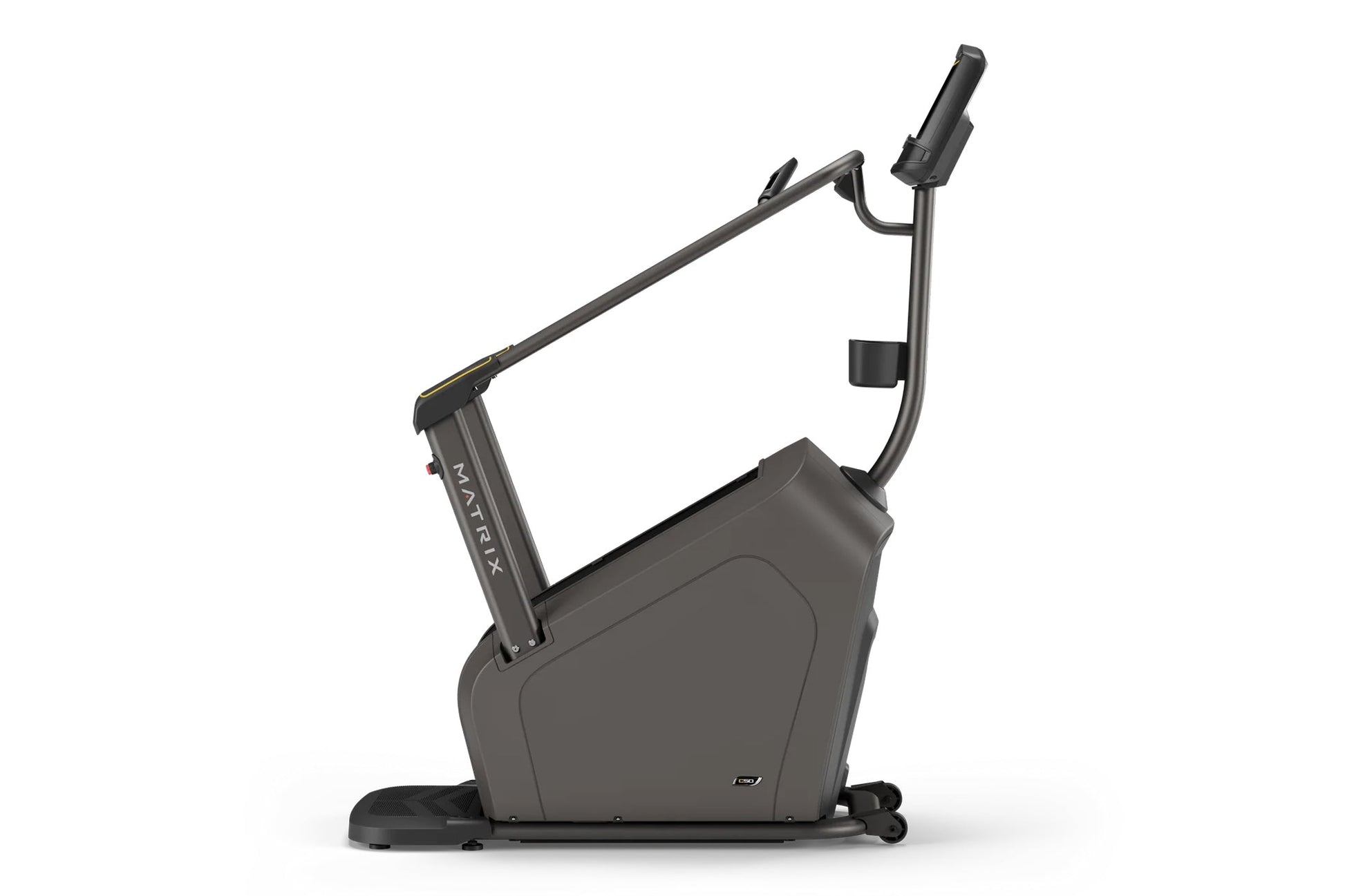 Black Matrix upright exercise bike with curved frame, handlebar with mounted device holder, and foot pedals on white backgrou