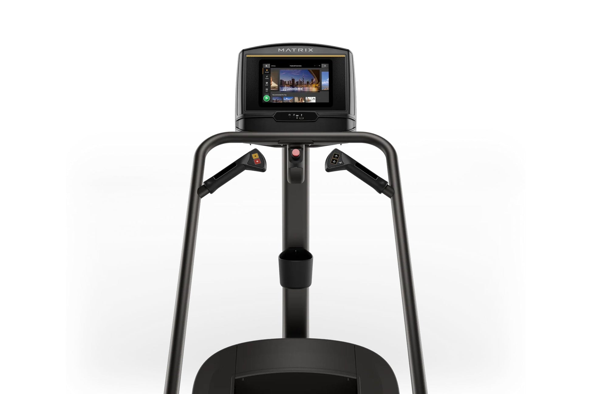 Matrix C50 Climbmill with black frame, dual handles, and touchscreen display showing workout interface on white background