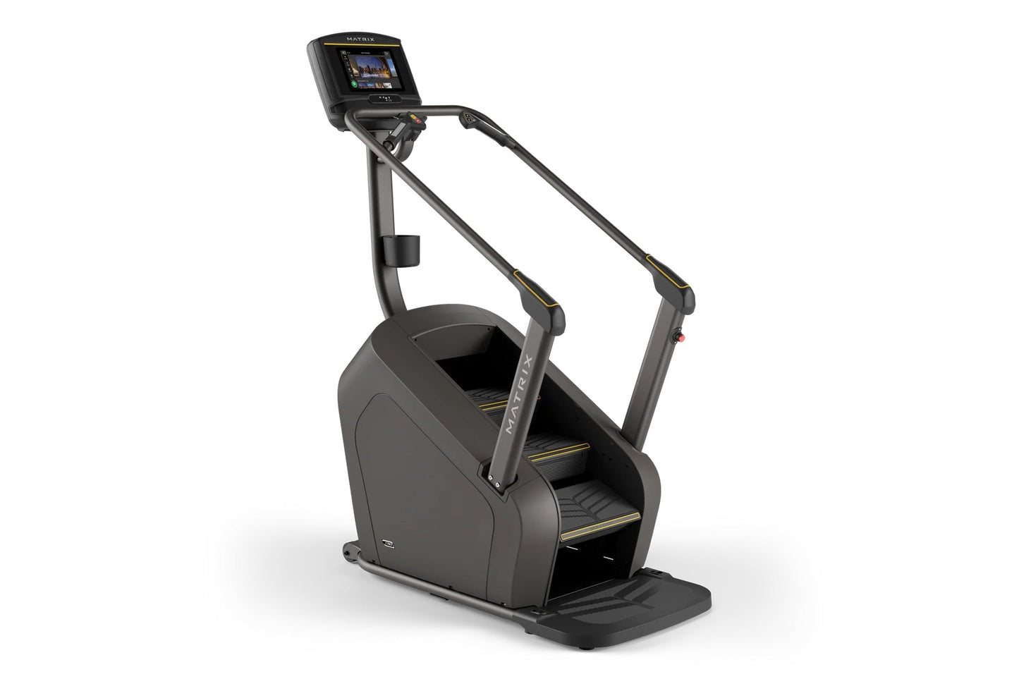 Matrix C50 black stair-climbing machine with digital touchscreen display and gold accents, on white background