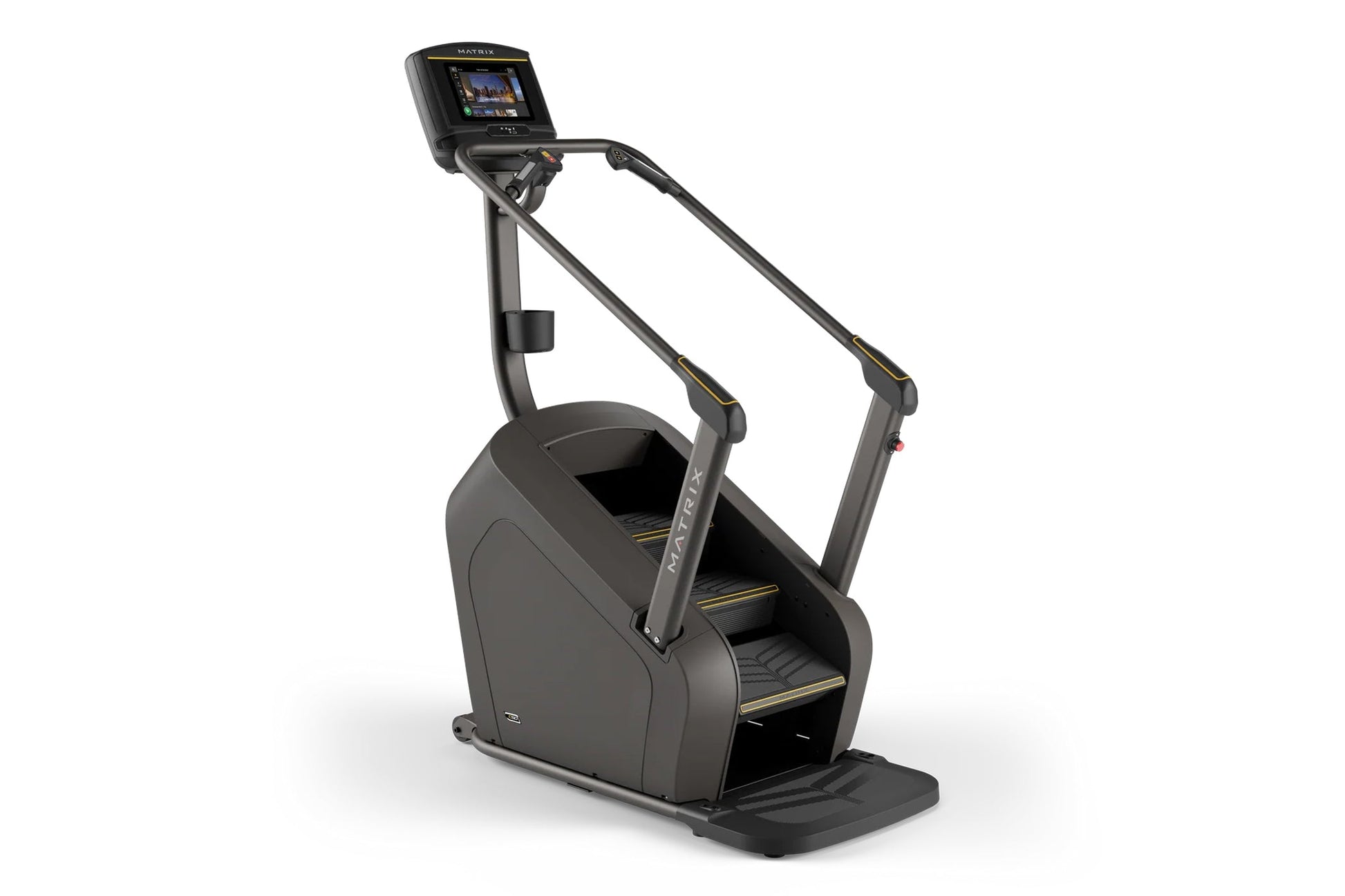Matrix C50 black stair-climbing machine with digital touchscreen display and gold accents, on white background