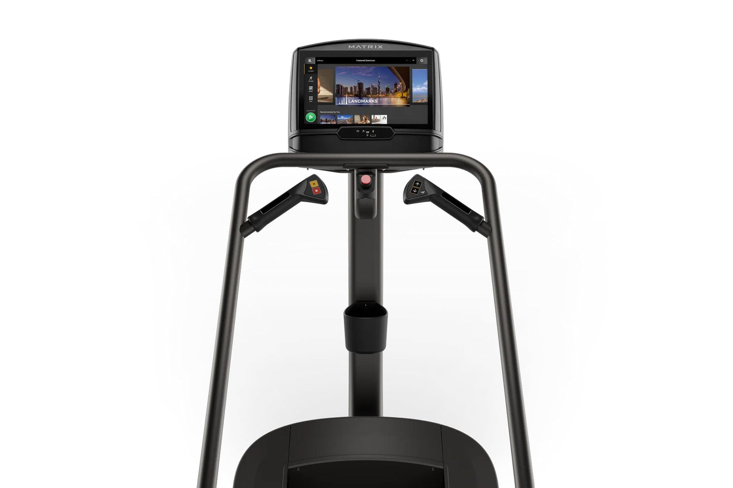 Matrix C50 Climbmill with black frame, dual handholds, and touchscreen display showing workout content on white background