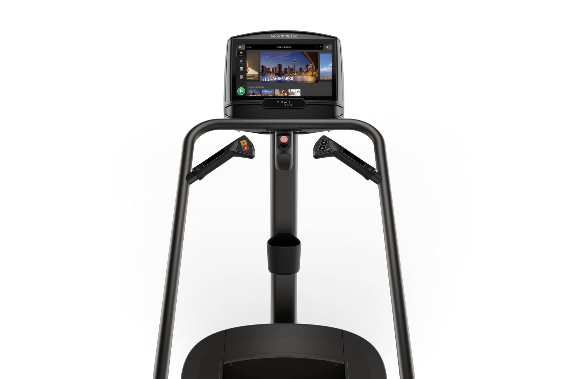 Matrix C50 Climbmill with black frame, dual handholds, and touchscreen display showing workout content on white background