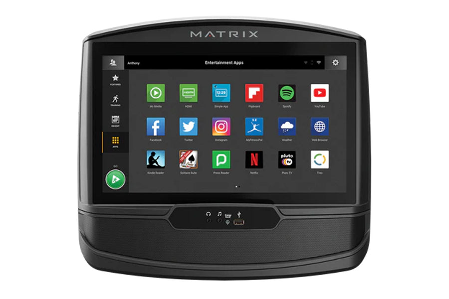 Matrix C50 Climbmill console displaying entertainment apps on touchscreen display, black frame with side navigation panel on 
