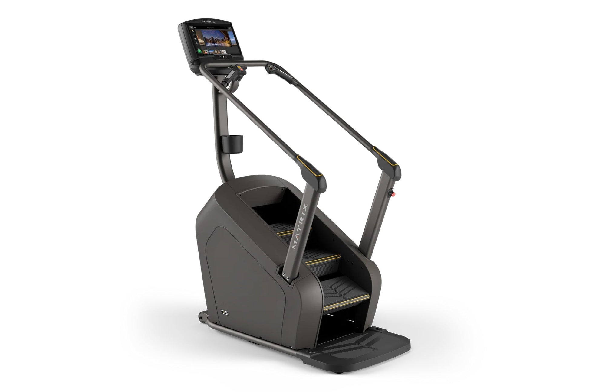 Black stair climbing exercise machine with digital touchscreen console, dual handrails with gold accents, and stepping platfo
