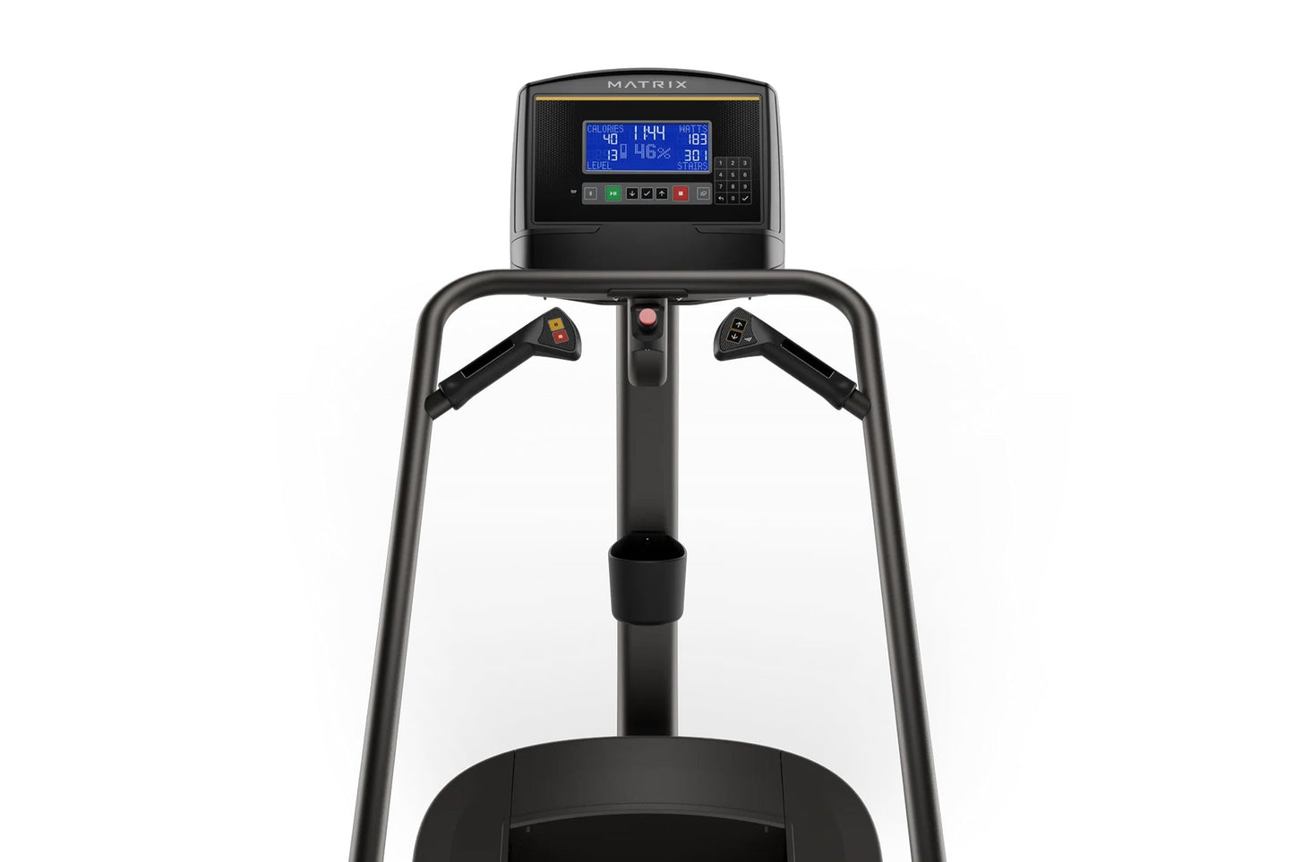 Black Matrix climbmill with blue digital display showing workout metrics, dual climbing handles, and footplate on white backg