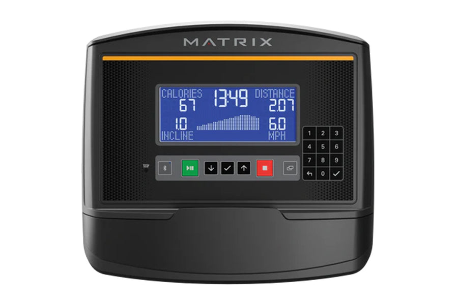 Matrix C50 Climbmill with black and gray frame, blue digital display showing calories, distance, and incline metrics, and con