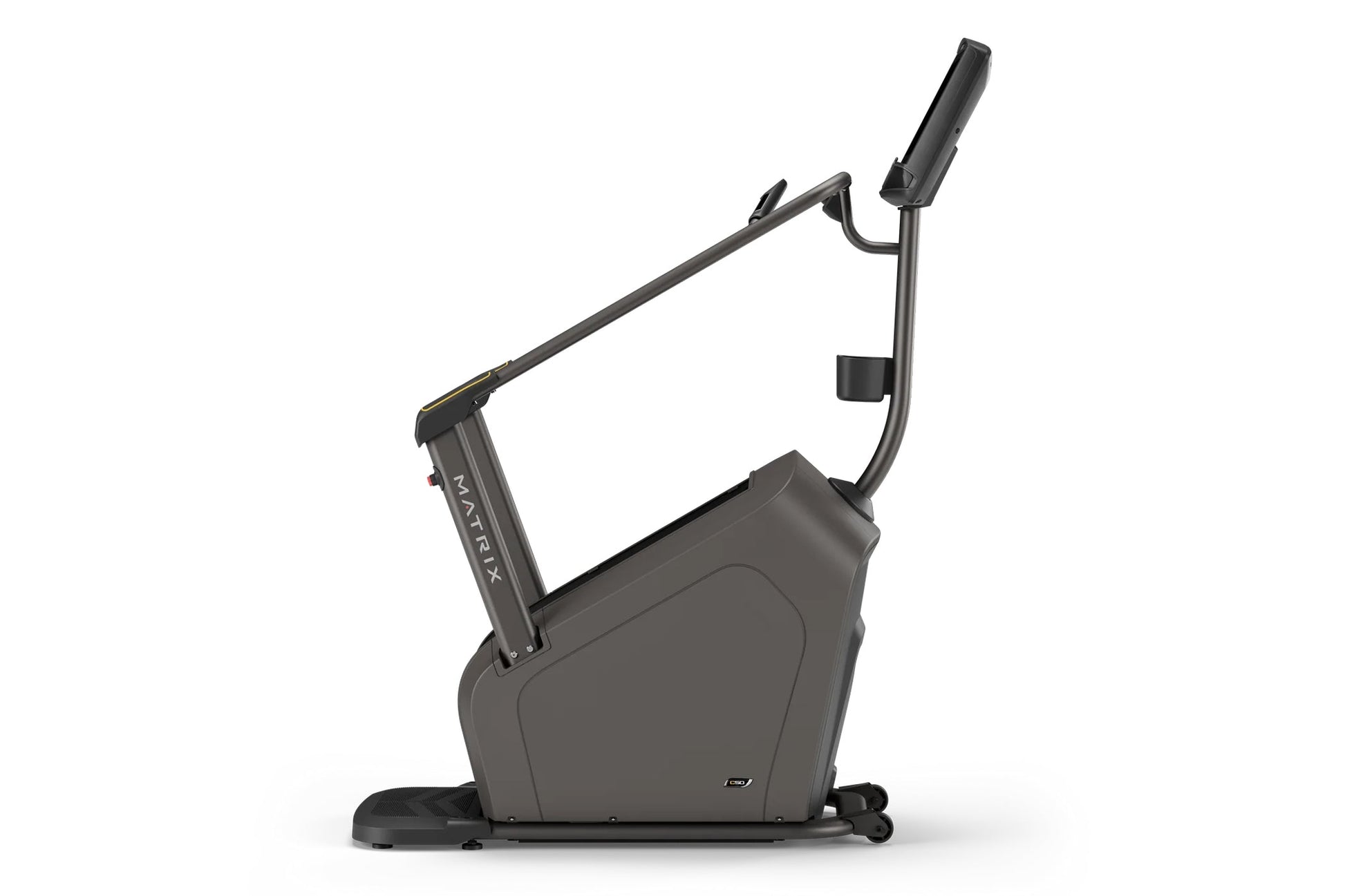 Black Matrix upright exercise bike with curved frame, handlebar with digital display, and foot pedals on white background