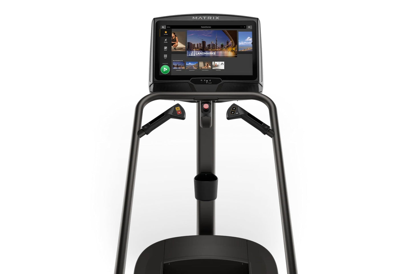 Matrix C50 Climbmill with black frame, dual handles, and touchscreen display showing workout content on white background