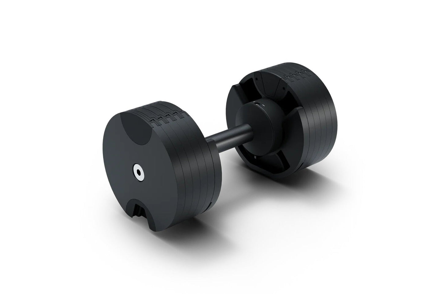 Black adjustable dumbbell with textured weight plates and metal handle, shown on white background