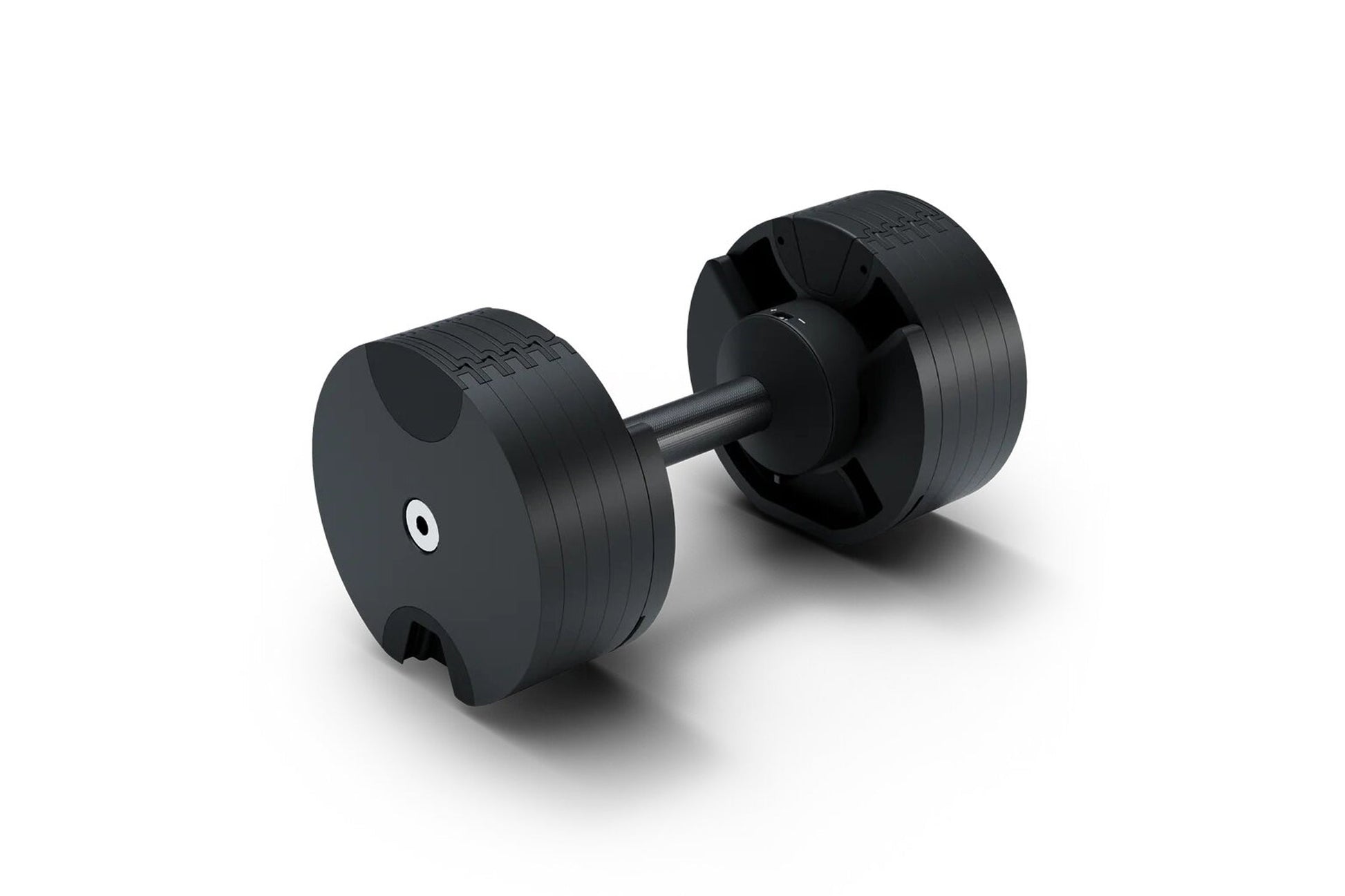 Black adjustable dumbbell with textured weight plates and metal handle, shown on white background