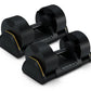 Pair of Matrix adjustable dumbbells in black with gold accents, displayed on matching black stands against white background