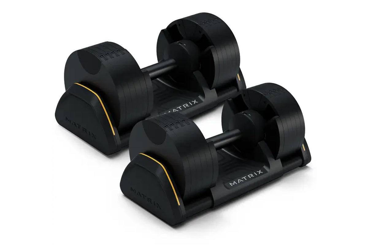 Pair of Matrix adjustable dumbbells in black with gold accents, displayed on matching black stands against white background