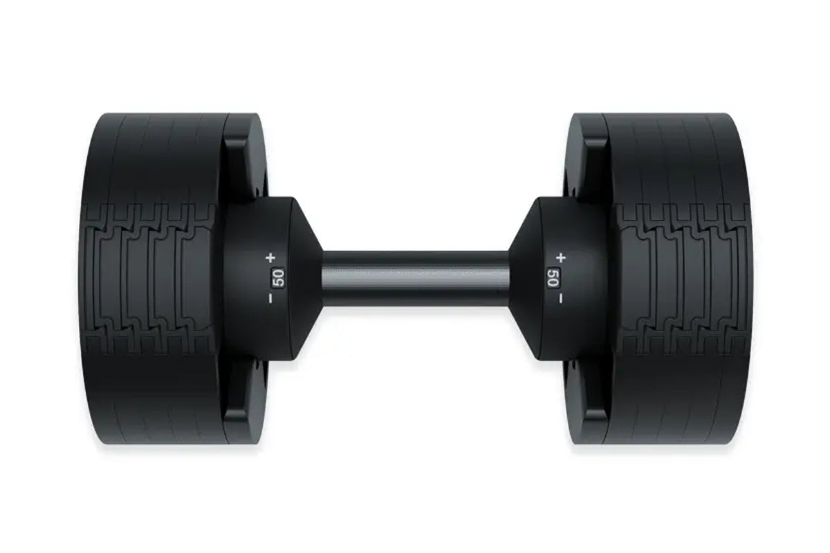 Pair of black adjustable dumbbells with textured grip plates, metal connecting bar, and weight markings on handles on white b