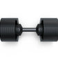 Pair of black adjustable dumbbells with textured rubber grips and metal bars, marked 80 lbs, on white background