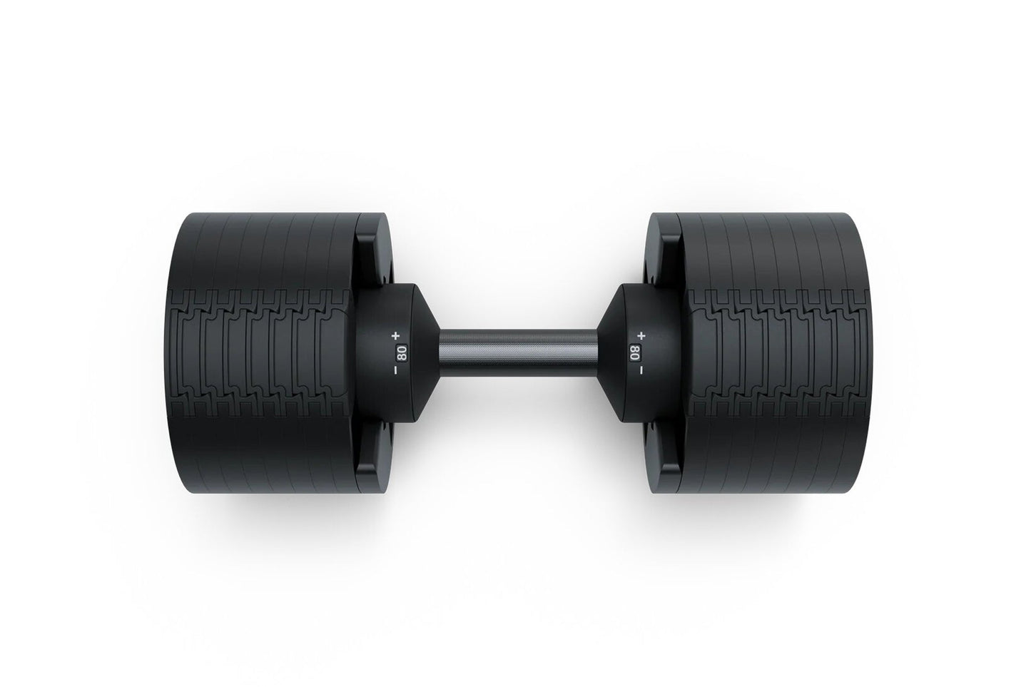 Pair of black adjustable dumbbells with textured rubber grips and metal bars, marked 80 lbs, on white background