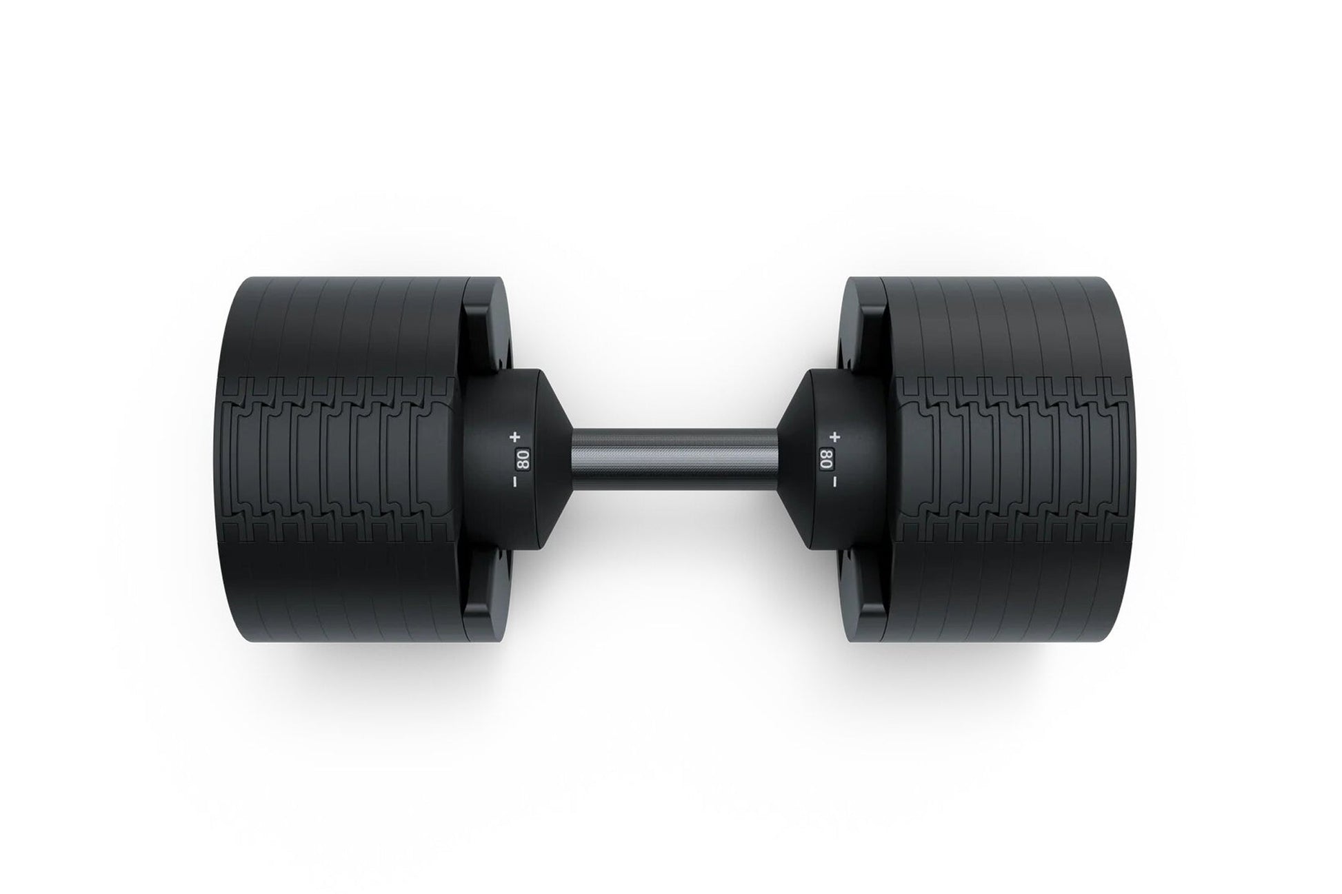 Pair of black adjustable dumbbells with textured rubber grips and metal bars, marked 80 lbs, on white background