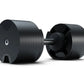 Pair of black Matrix DB80 adjustable dumbbells with grooved weight plates and connecting chrome bar on white background