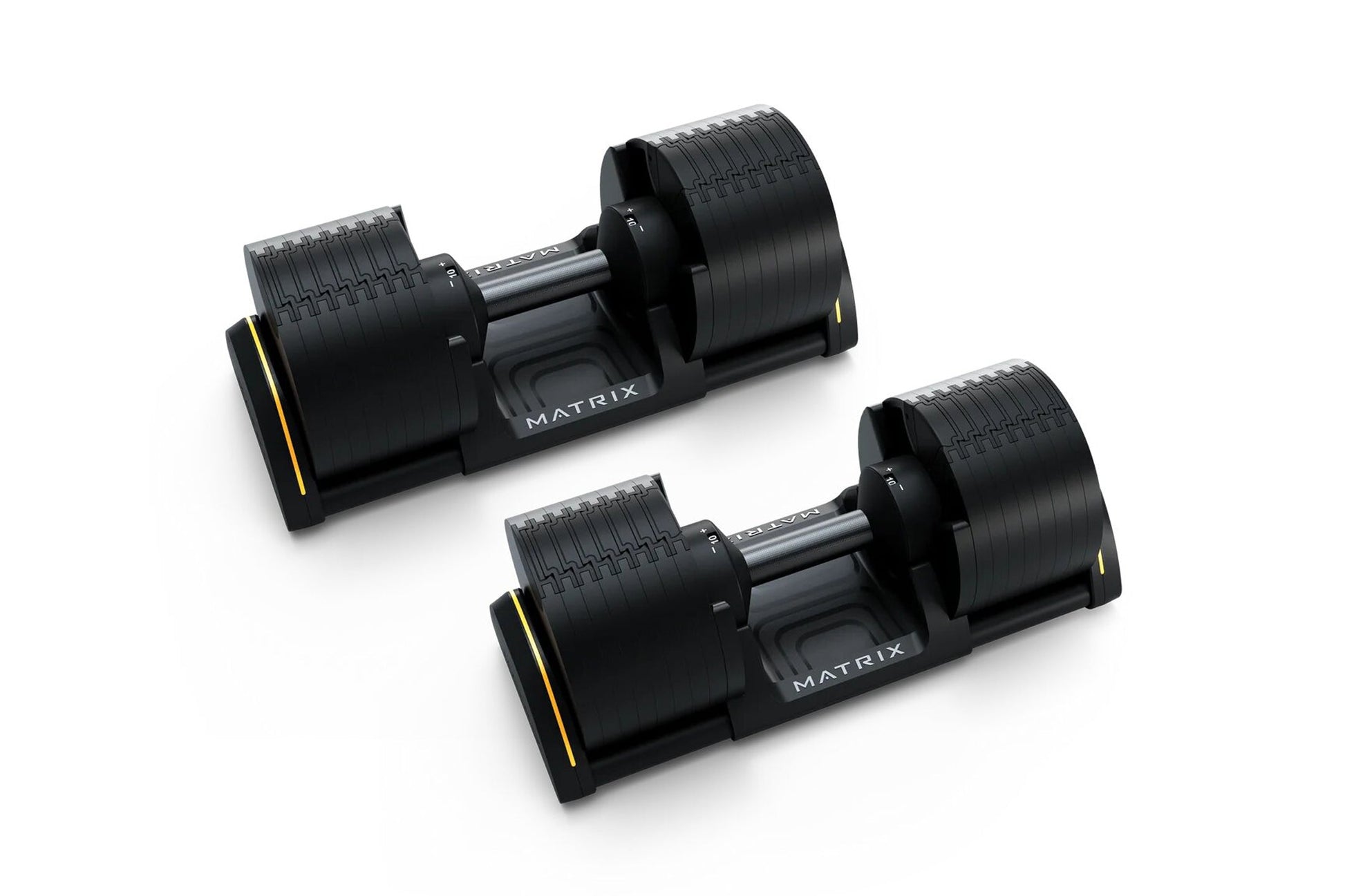 Pair of Matrix adjustable dumbbells with black rubber grip plates, steel handles, and yellow accents on base, shown on white 