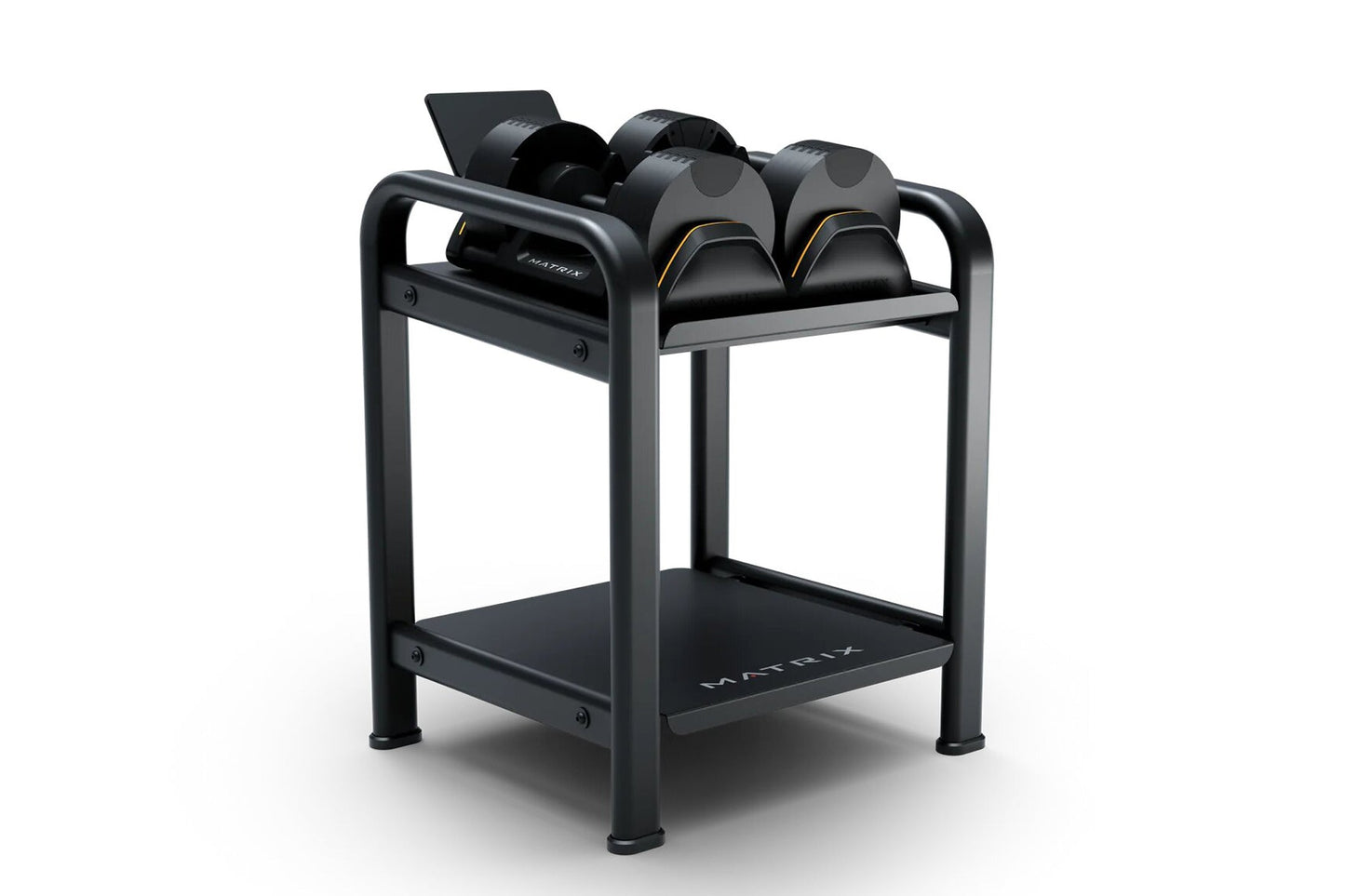 Black metal dumbbell rack with two shelves holding black adjustable dumbbells with gray accents, on white background