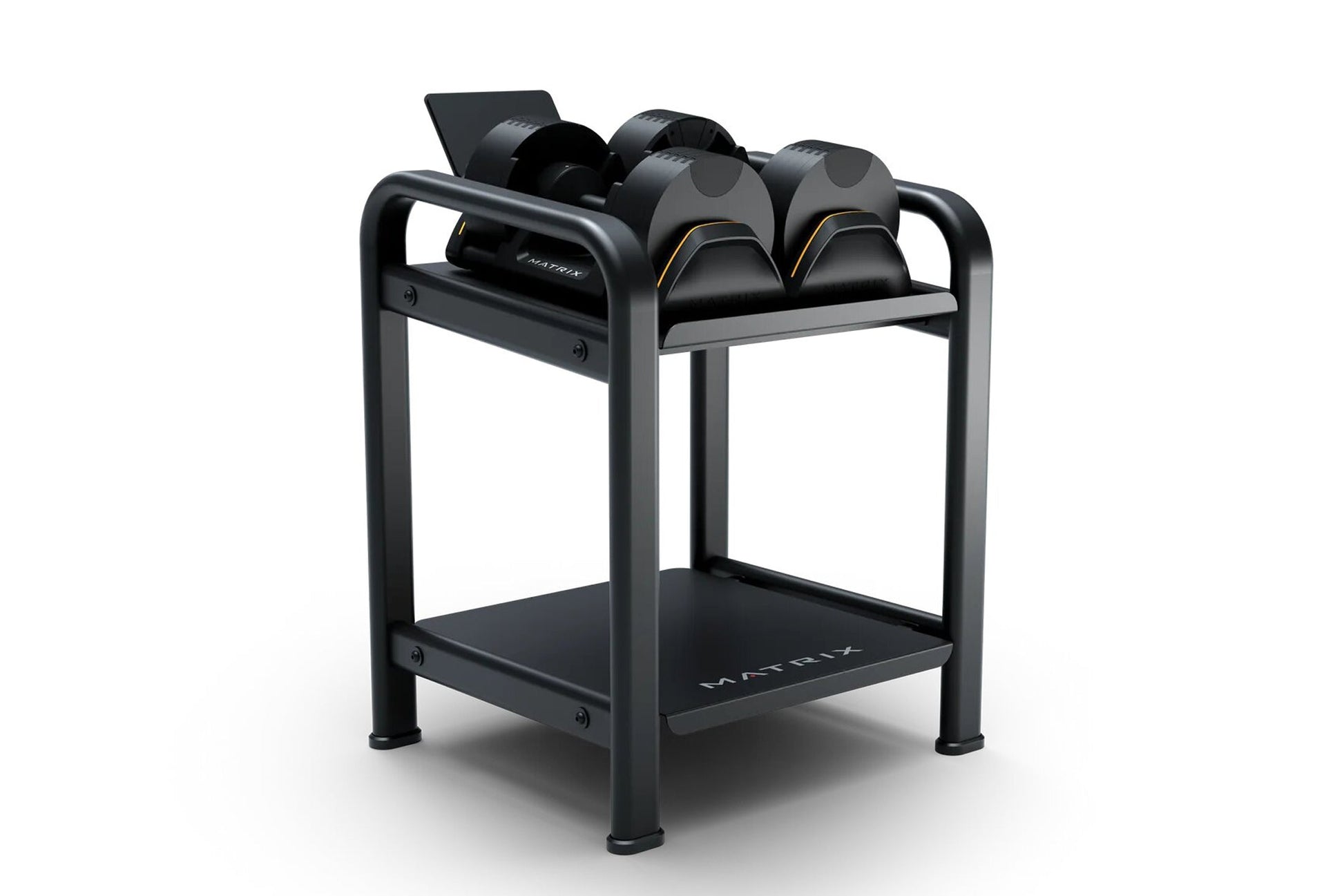Black metal dumbbell rack with two shelves holding black adjustable dumbbells with gray accents, on white background