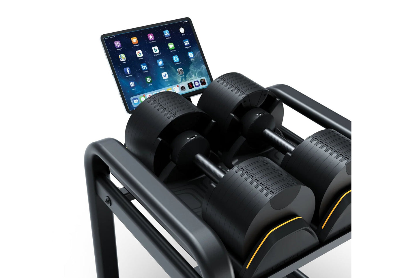 Matrix DBSR black adjustable dumbbell storage rack with tablet holder and yellow accent trim, holding multiple dumbbells with