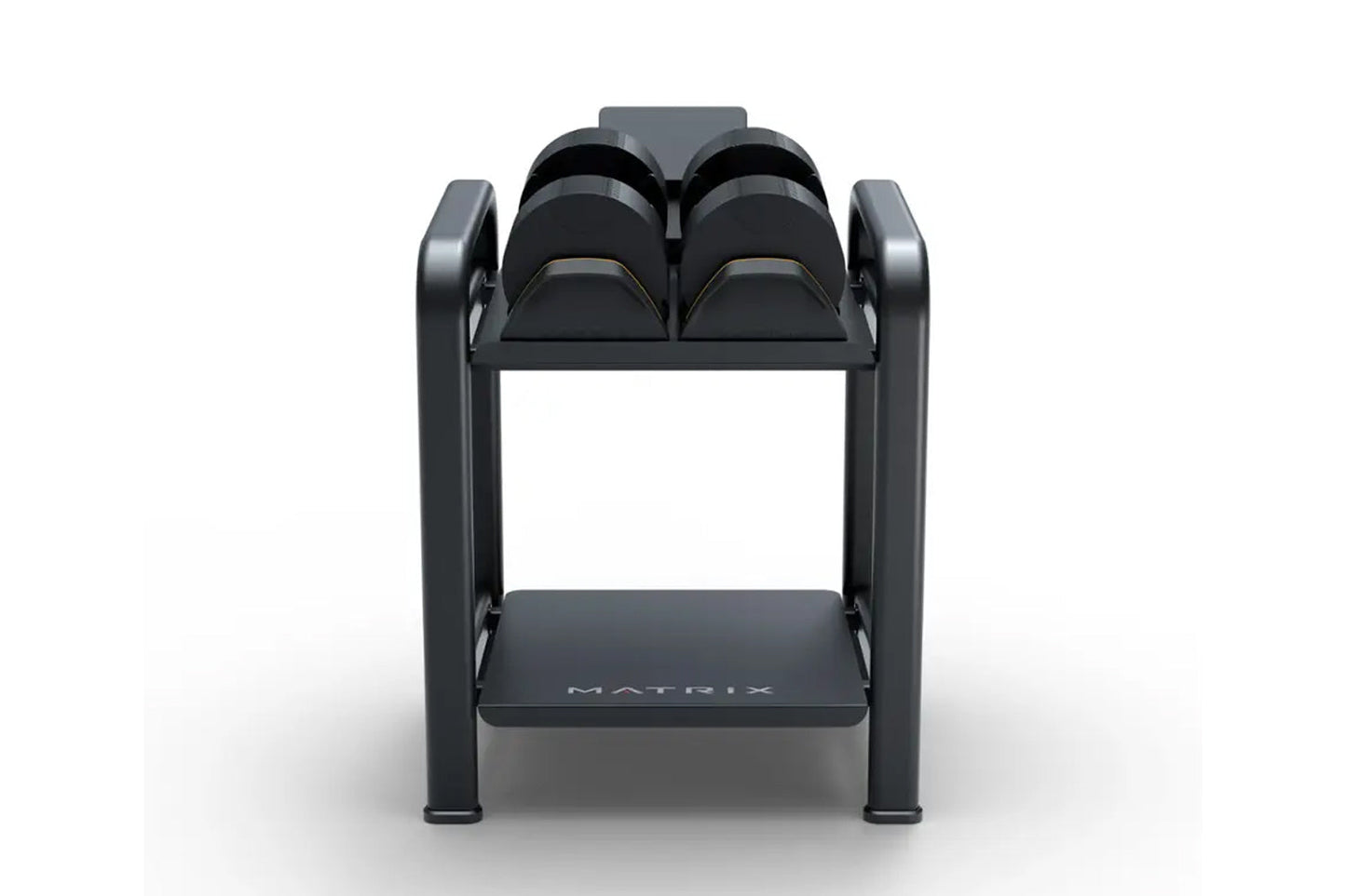 Black adjustable dumbbell storage rack with two pairs of rounded dumbbells on upper tier and flat base platform, on white bac