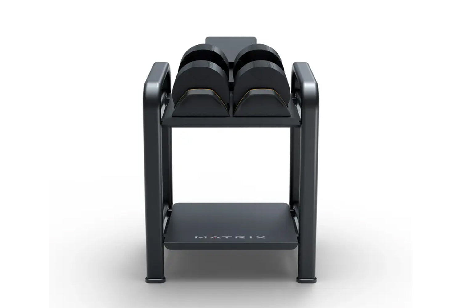 Black adjustable dumbbell storage rack with two pairs of rounded dumbbells on upper tier and flat base platform, on white bac