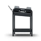 Black dumbbell storage rack with adjustable shelving and metal frame on white background