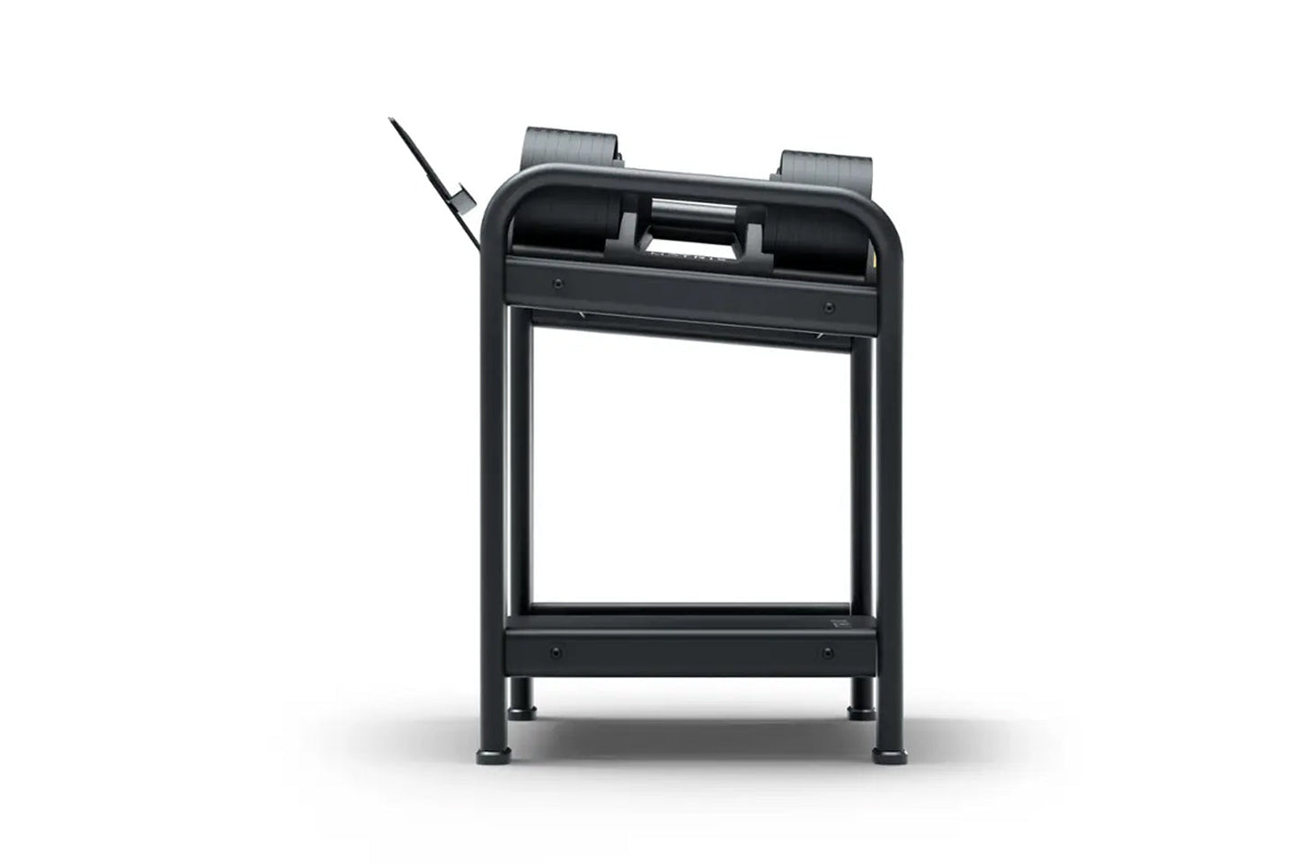 Black dumbbell storage rack with adjustable shelving and metal frame on white background
