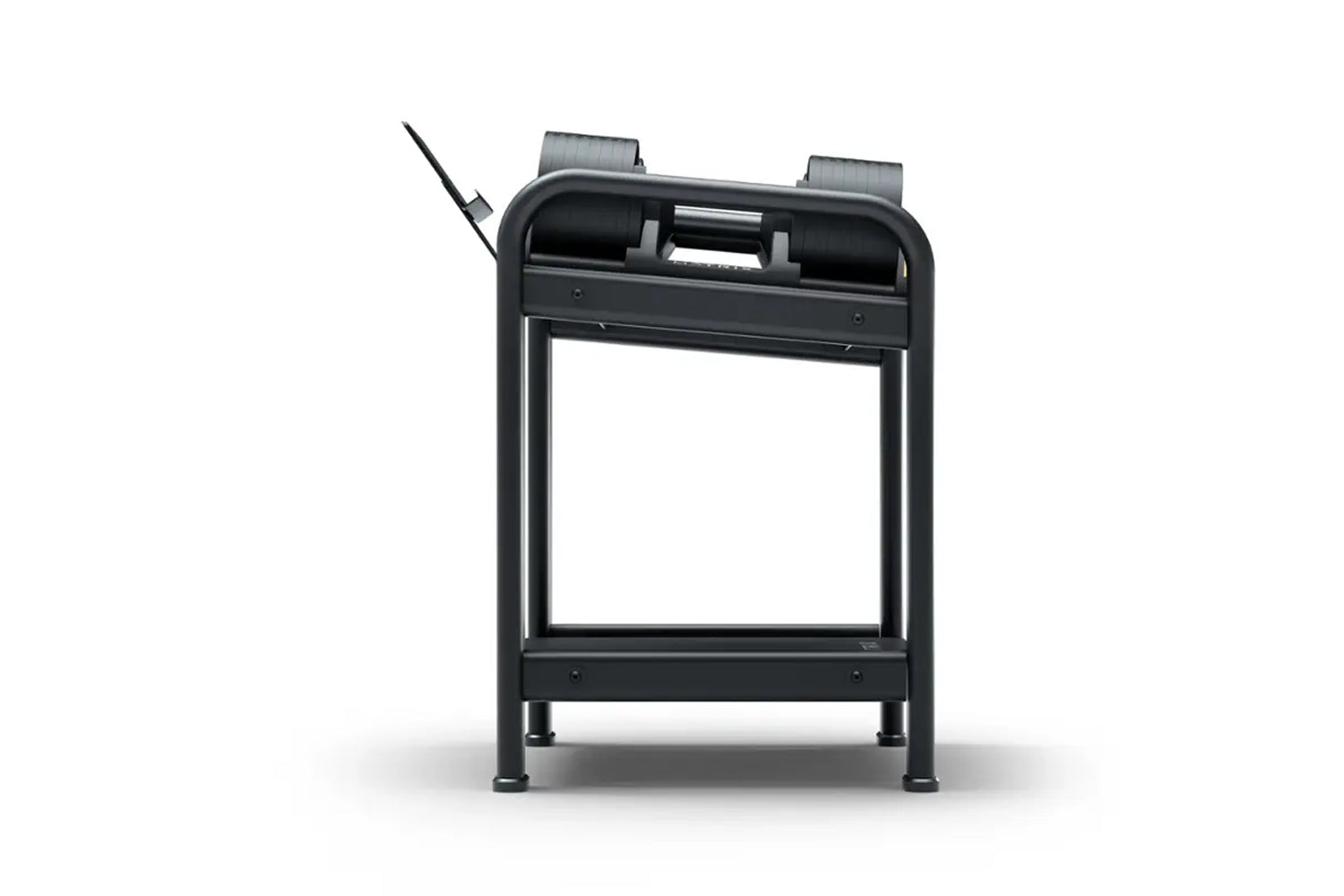 Black dumbbell storage rack with adjustable shelving and metal frame on white background