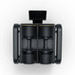 Black adjustable dumbbell storage rack with dual weight columns, side handles, and top mounting bracket on white background