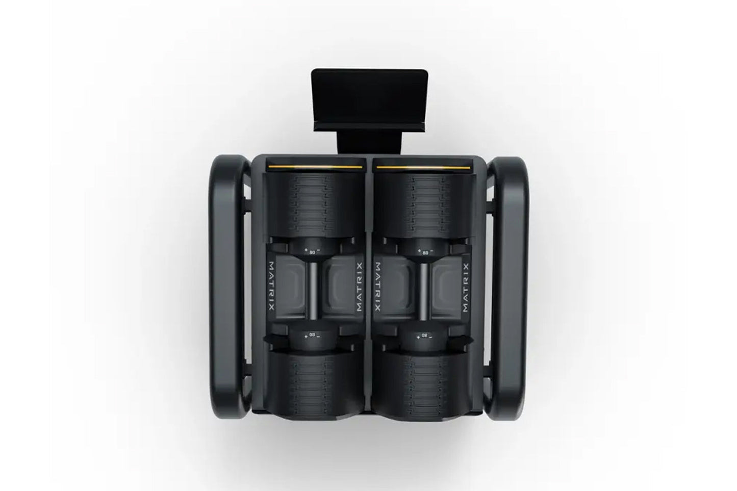 Black adjustable dumbbell storage rack with dual weight columns, side handles, and top mounting bracket on white background