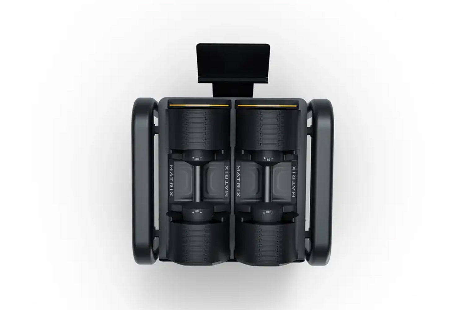 Black adjustable dumbbell storage rack with dual weight columns, side handles, and top mounting bracket on white background