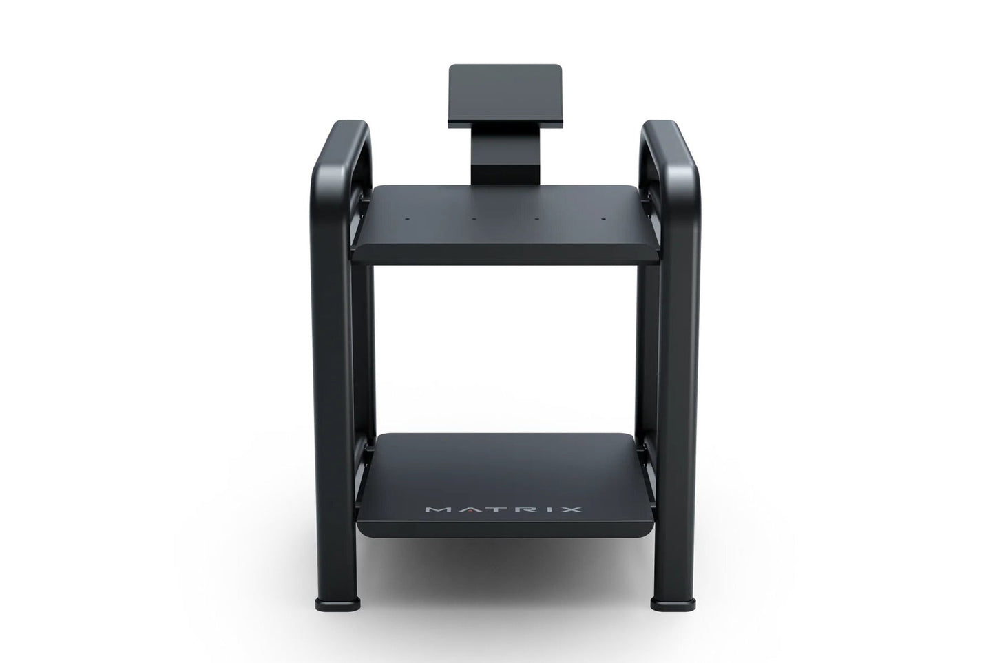 Matrix black dumbbell storage rack with two tiers, dumbbells on sides, and adjustable headrest on white background