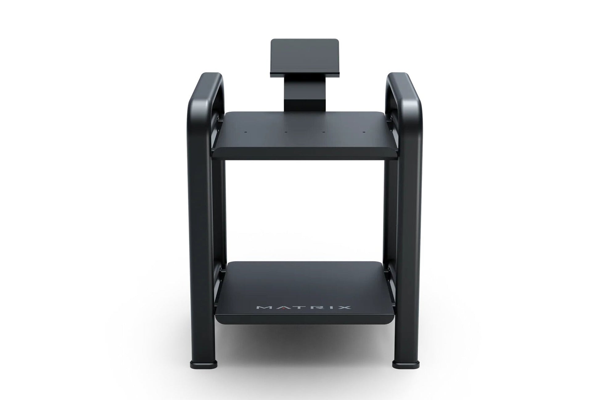 Matrix black dumbbell storage rack with two tiers, dumbbells on sides, and adjustable headrest on white background