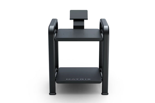 Matrix black dumbbell storage rack with two tiers, dumbbells on sides, and adjustable headrest on white background