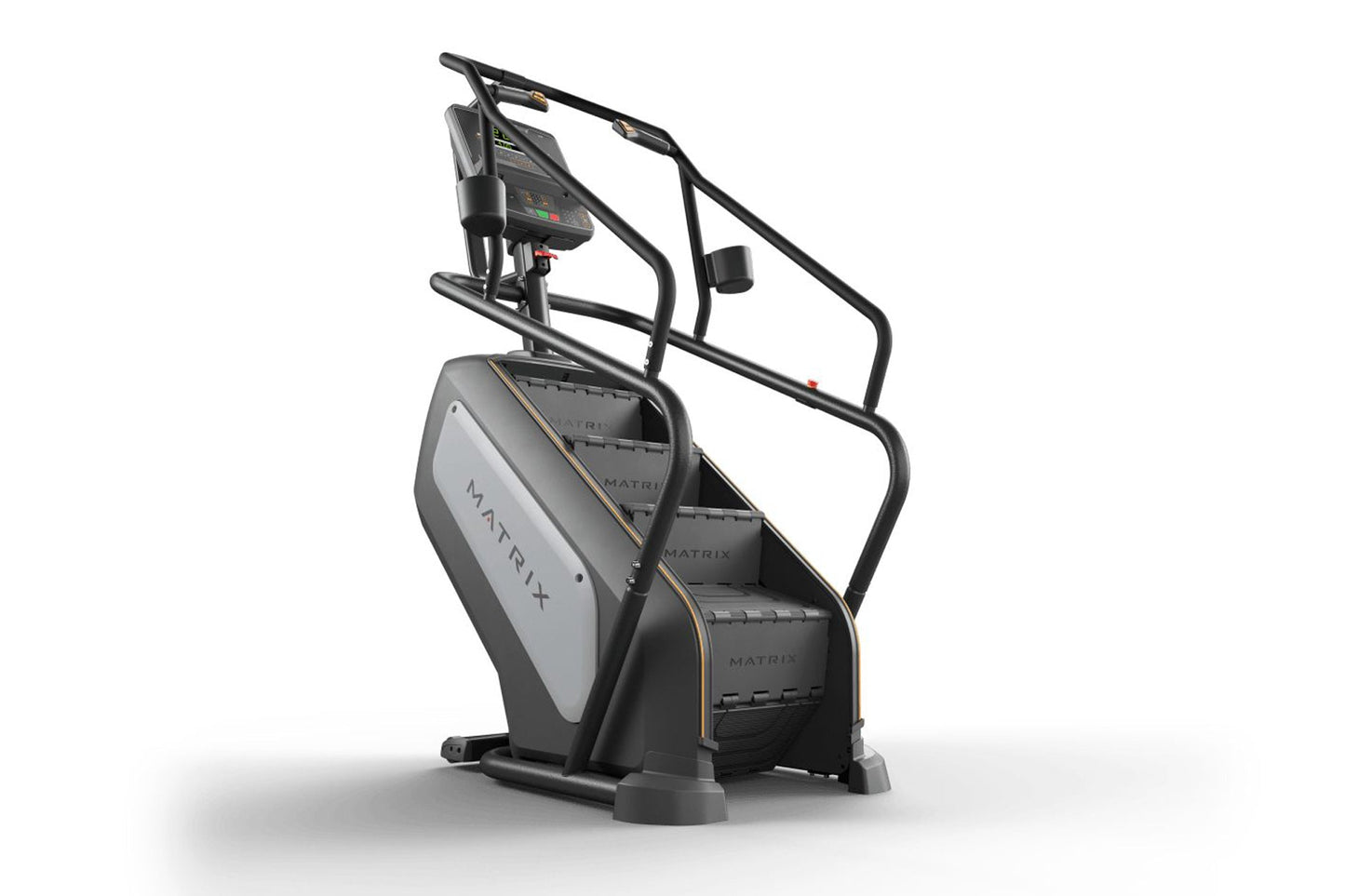 Matrix Endurance ClimbMill stair climber with black frame, gray accent panel, digital display console, and handlebar grips on
