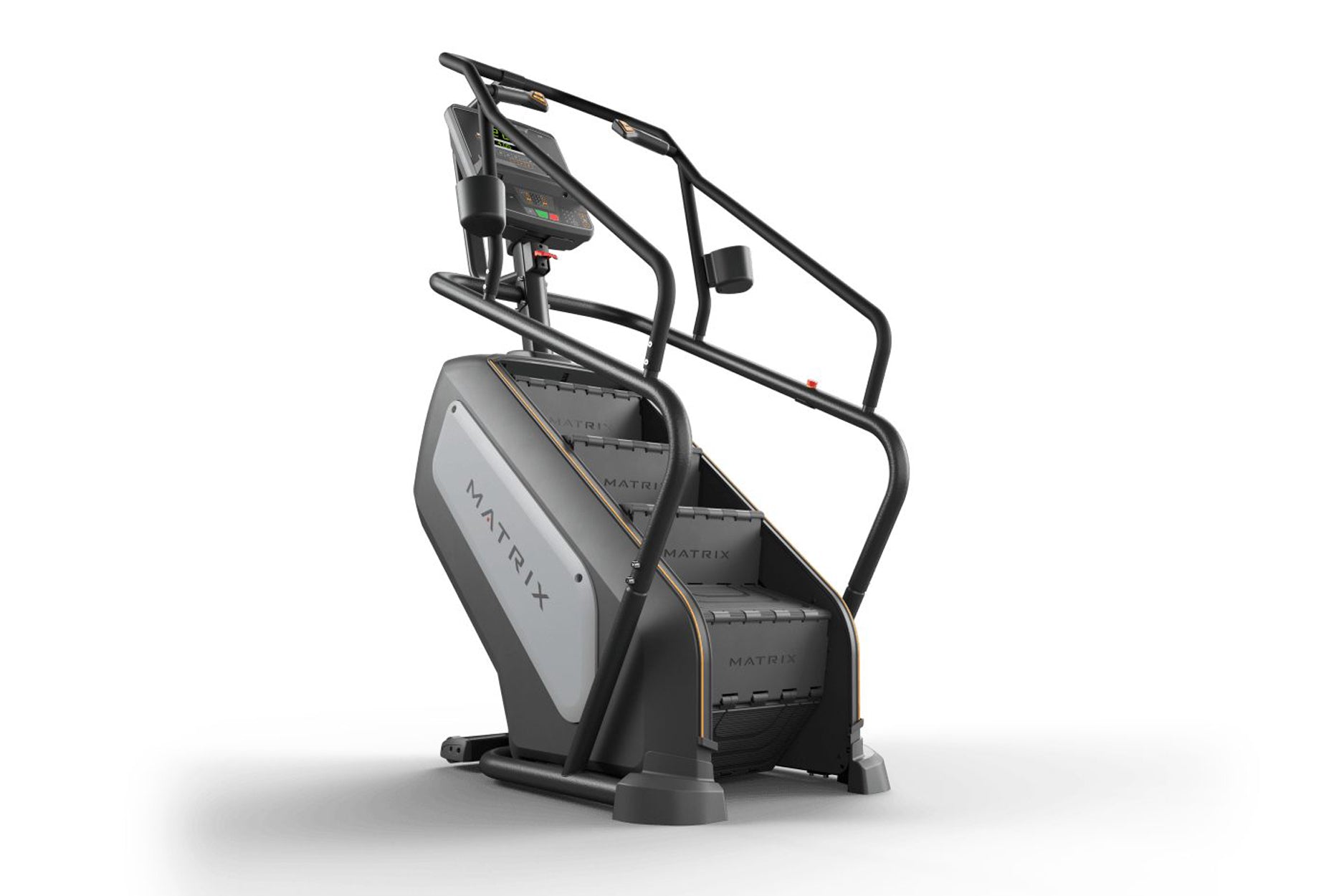Matrix Endurance ClimbMill stair climber with black frame, gray accent panel, digital display console, and handlebar grips on