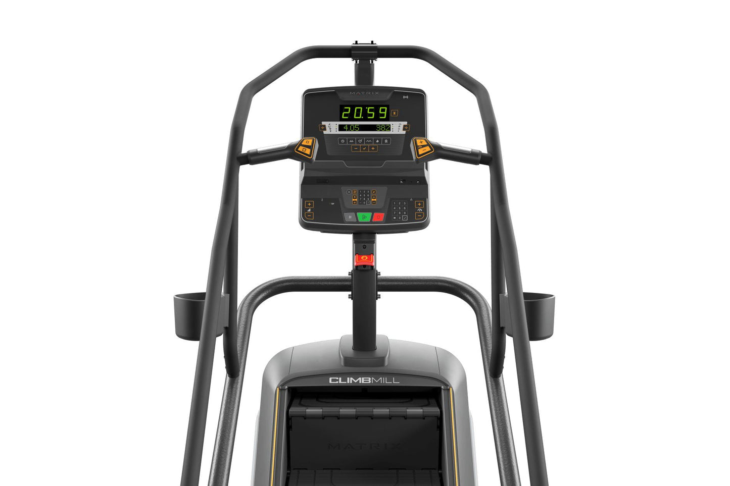 Matrix Endurance ClimbMill with black frame, digital console displaying metrics, and climbing belt on white background
