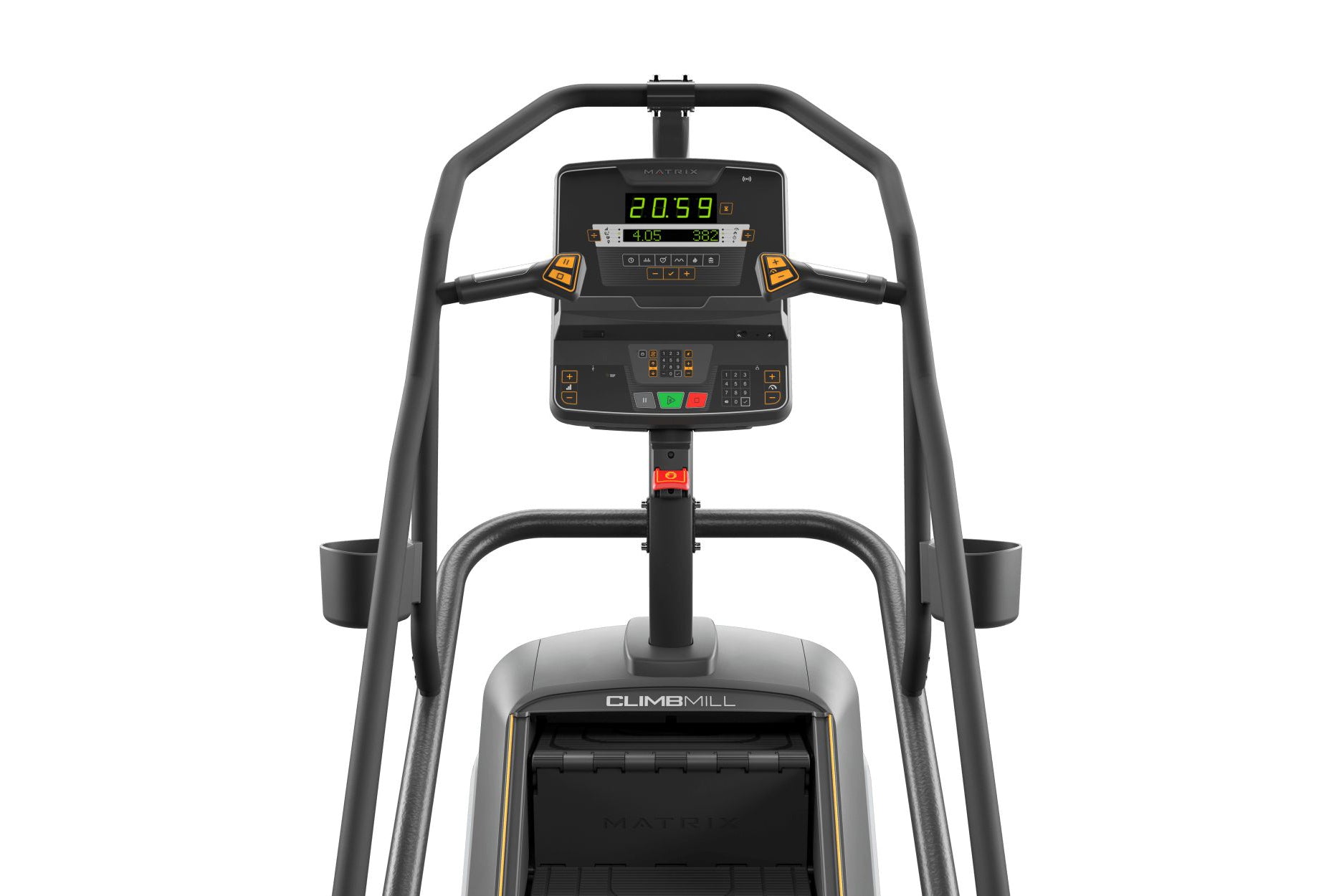 Matrix Endurance ClimbMill with black frame, digital console displaying metrics, and climbing belt on white background