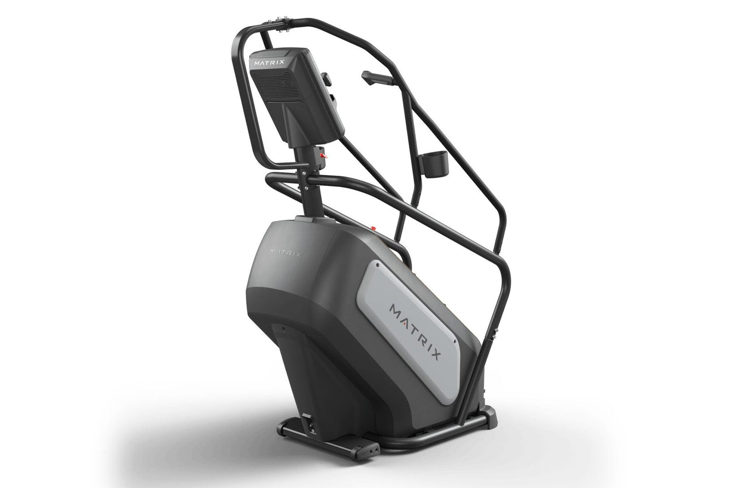 Matrix Endurance ClimbMill stair climbing machine with black frame, gray seat panel, and digital console on white background