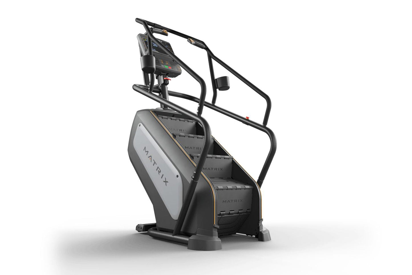 Matrix Endurance ClimbMill with black frame, gray step platform, digital console, and handlebar grips on white background